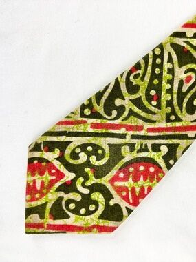 Vintage Batik Necktie Handmade Tie Barkcloth Orange and Green Mid Century Modern